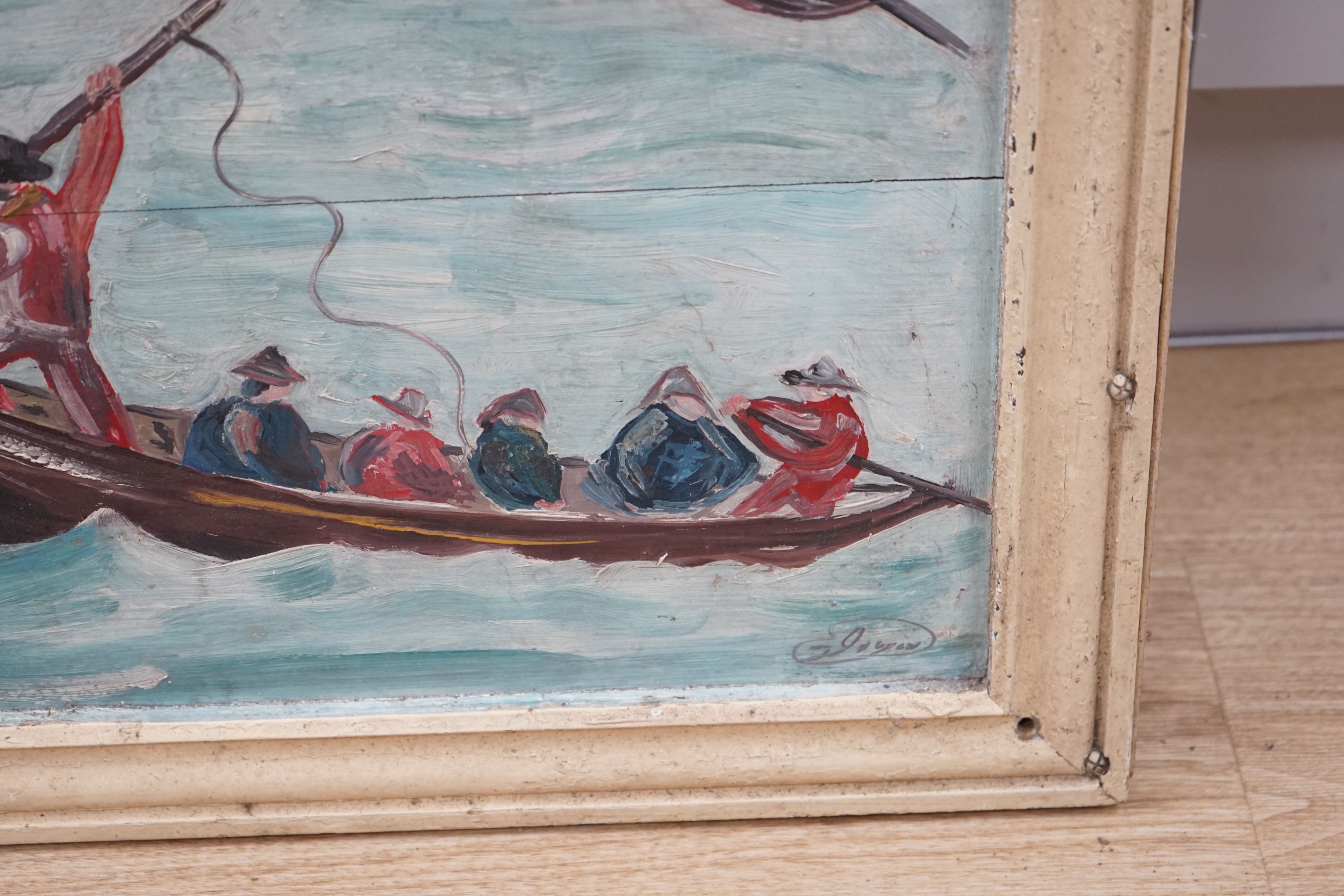 English School, oil on board, Primitive study of an American whaling scene, indistinctly signed, 80 x 116cm